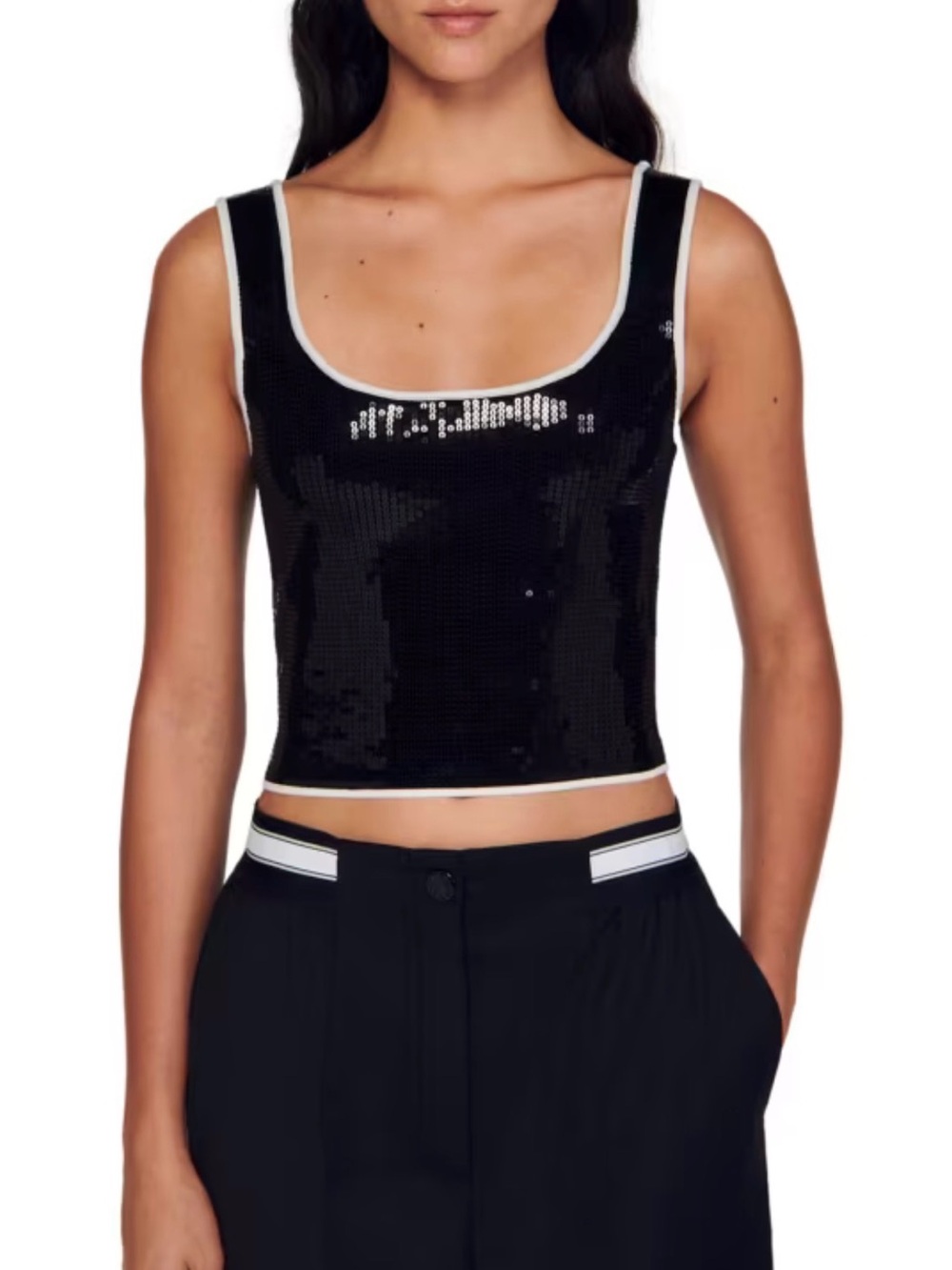Sandro Black Sequin Crop Tank with White Trim